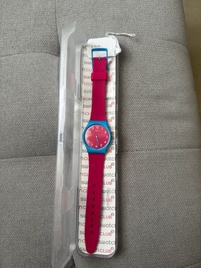 NWT Swatch Kids Bright Pink Strap with Blue Case Watch